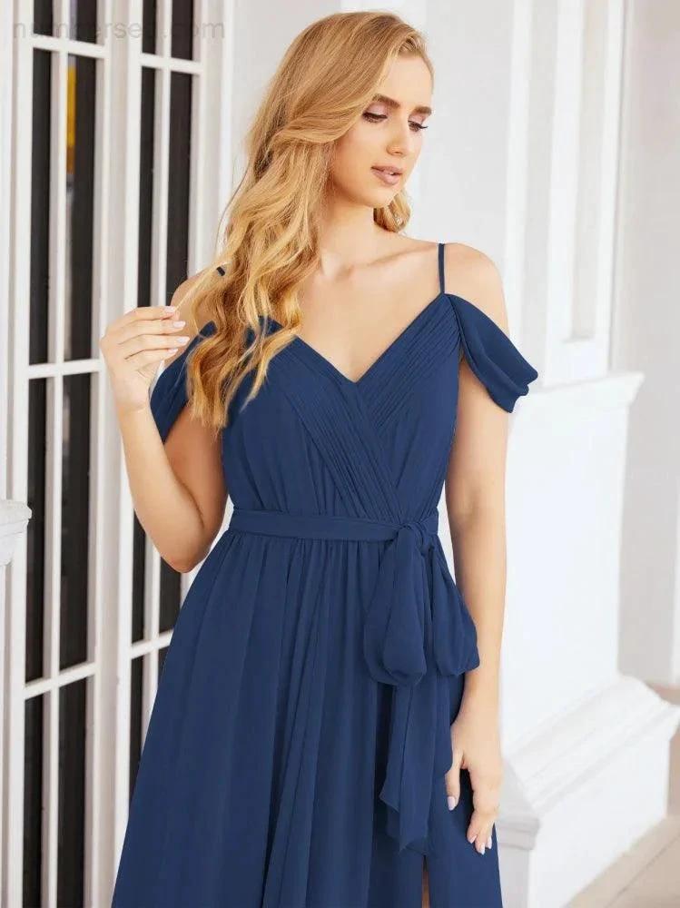 Numbersea Off The Shoulder Chiffon Bridesmaid Dress Long Formal Graduation Gown with Cowl Back 28069 by numbersea