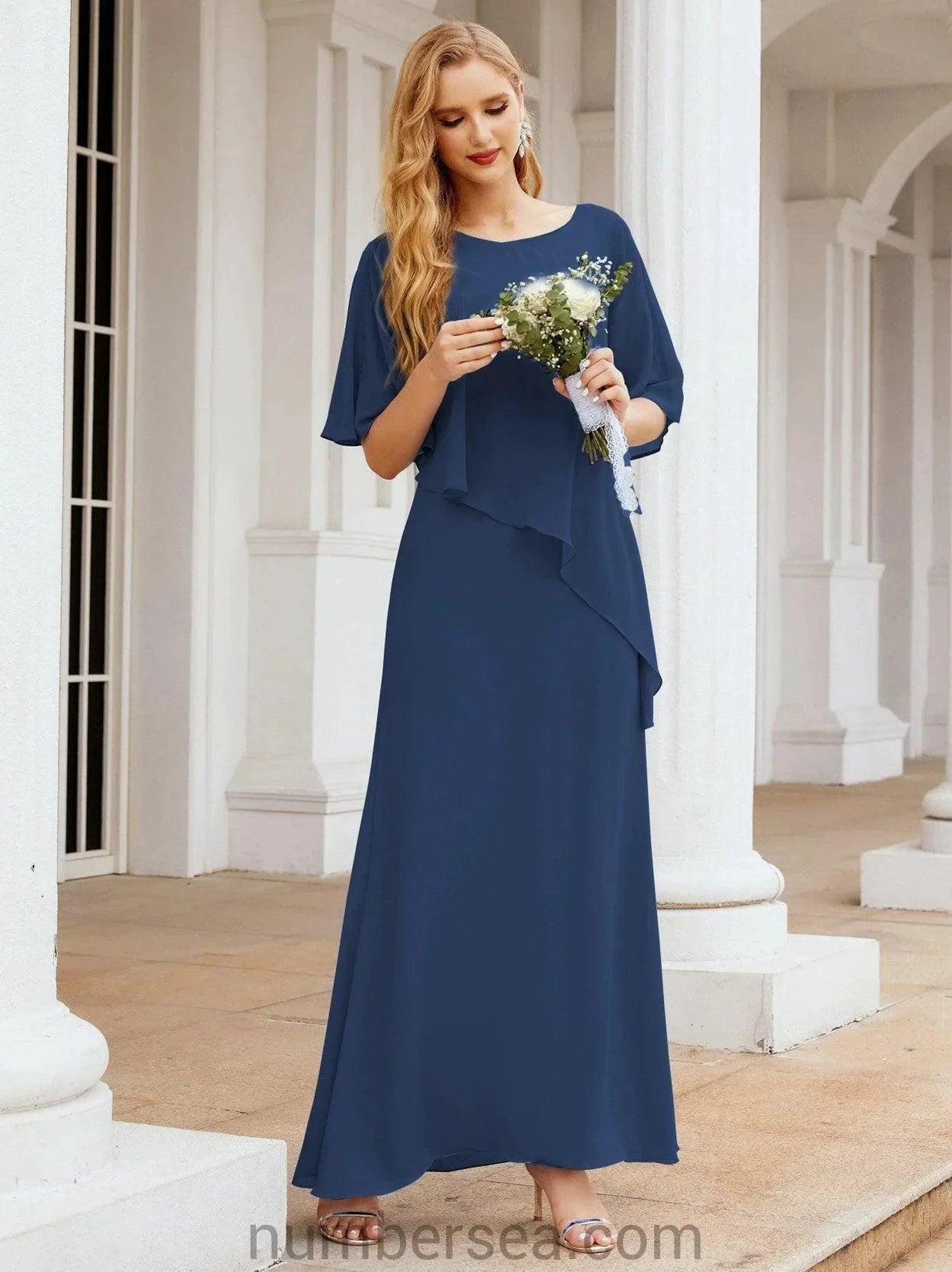 Sunnderly Formal Party Gown Dress Long Mother of The Bride Dresses with Ruffle Cape SY28026 by numbersea