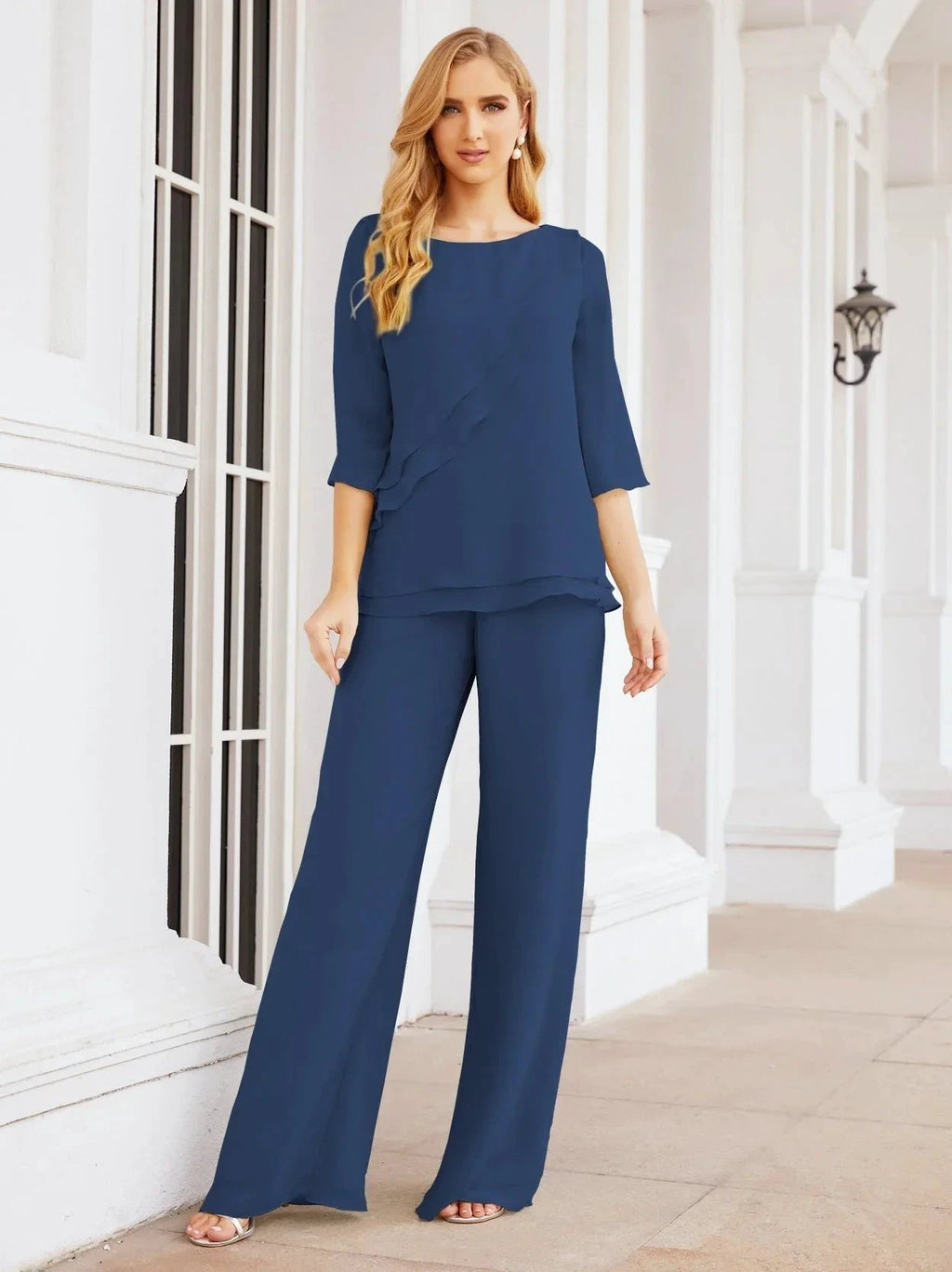 Sunnderly Elegant 2 Piece Mother of The Bride Dress Plus Size Pant Suits Ruffle Layers Sliver Housecoat SY28064 by numbersea