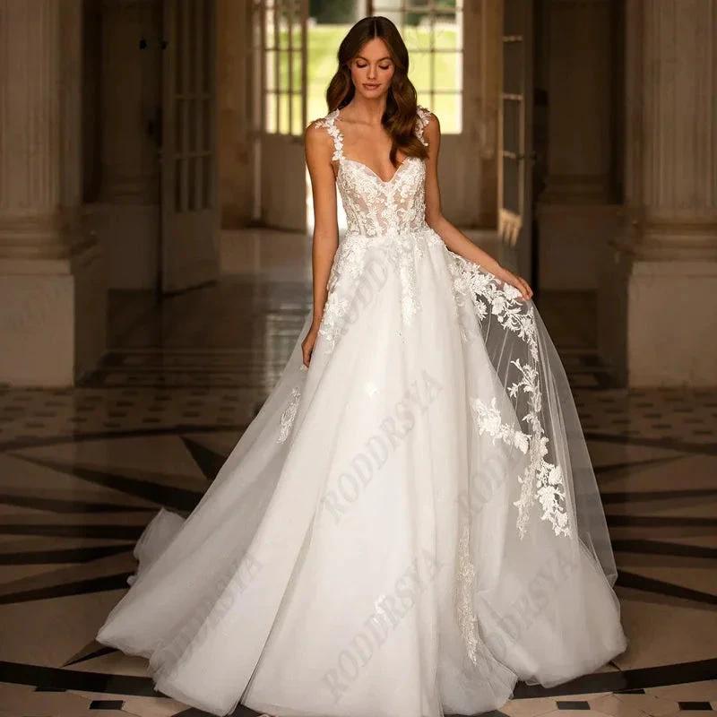 Sexy V-Neck Backless Wedding Dress For Women Romantic Tulle Spaghetti Straps Bride Party A-line Sleeveless Bridal Gown by payinti
