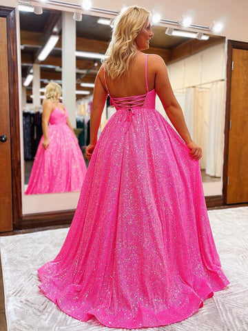 Hayden | Vestido de fiesta largo con lentejuelas, escote en V y corte A