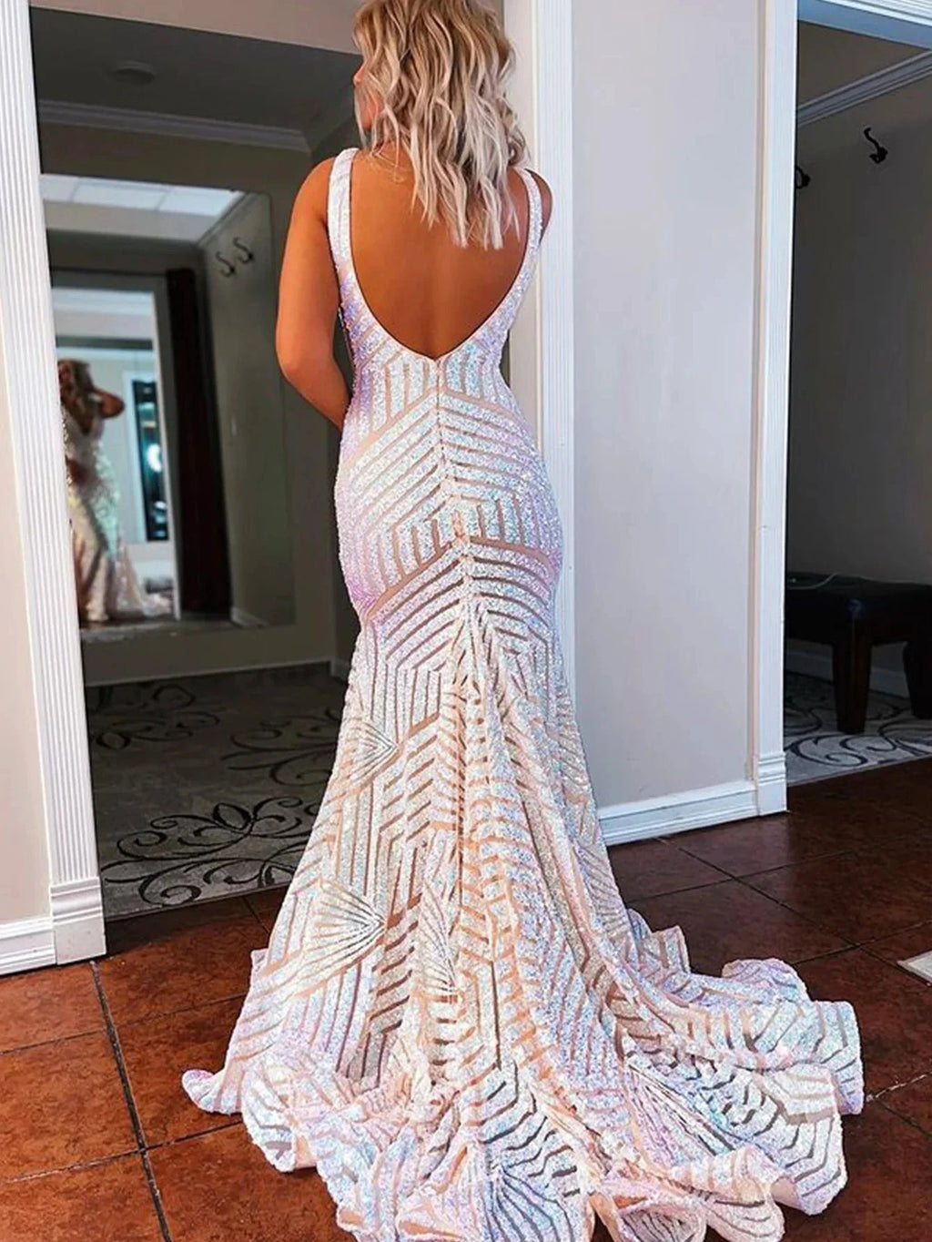 Nina |Deep V Neck Pink Sequins Mermaid Long Prom Dress by KissProm