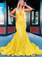Nina |Deep V Neck Pink Sequins Mermaid Long Prom Dress by KissProm