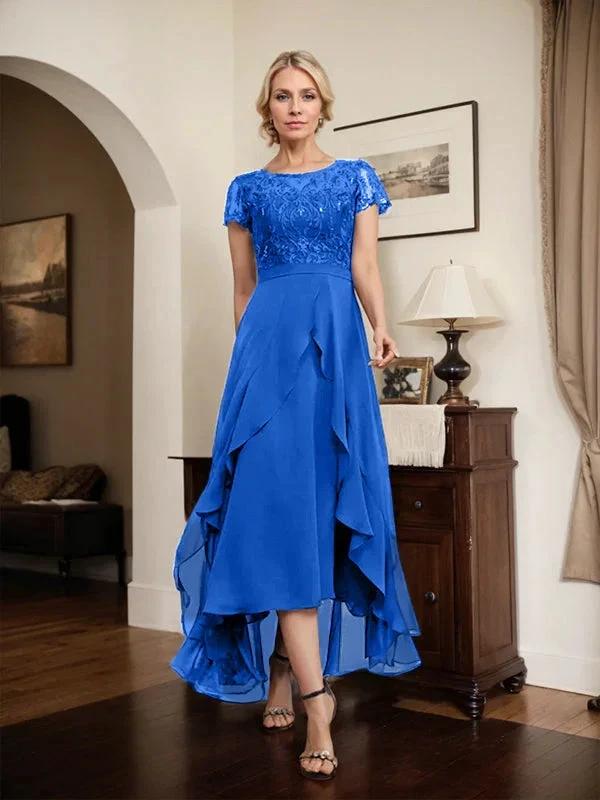 A-line Scoop Illusion Asymmetrical Chiffon Lace Mother of the Bride Dress With Bow Ruffle Sequins by Dreamylily