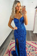 Avril | Mermaid Sweetheart Blue Sequins Long Prom Dresses with Slit by KissProm