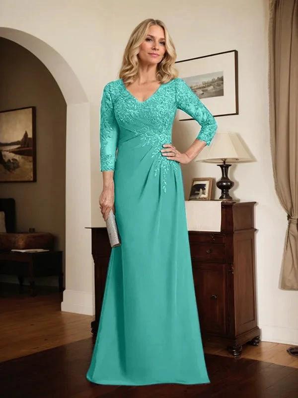 Sheath/Column V-Neck Illusion Floor-Length Lace Chiffon Mother of the Bride Dress With Pleated Sequins by Dreamylily
