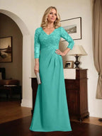 Sheath/Column V-Neck Illusion Floor-Length Lace Chiffon Mother of the Bride Dress With Pleated Sequins by Dreamylily