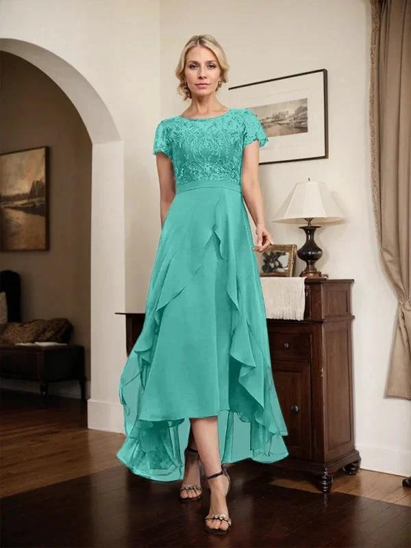 A-line Scoop Illusion Asymmetrical Chiffon Lace Mother of the Bride Dress With Bow Ruffle Sequins by Dreamylily