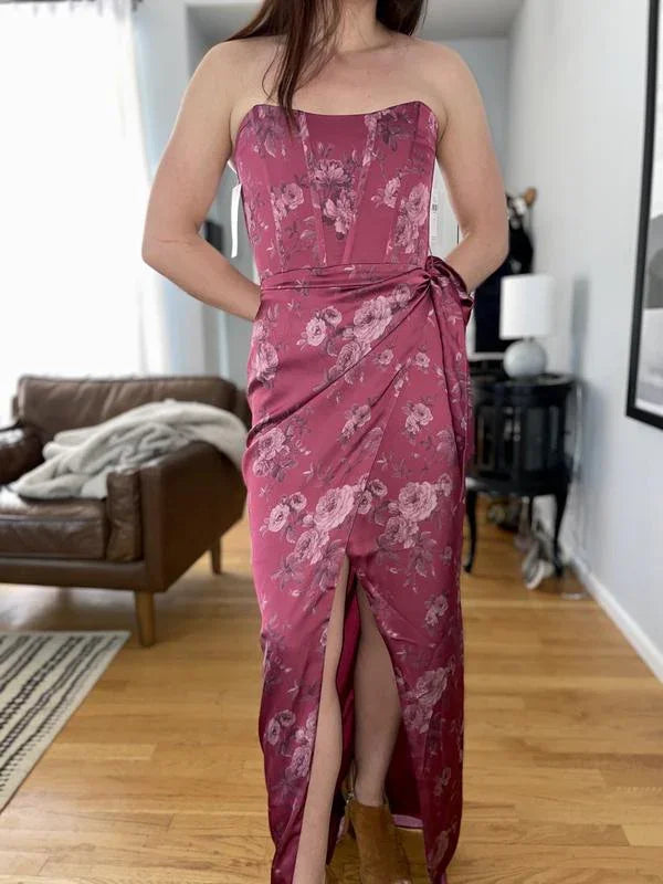 Fuchsia Printed Corset Front-Slit Satin Prom Dress Formal Evening Dress Y8458 by simplepromdress