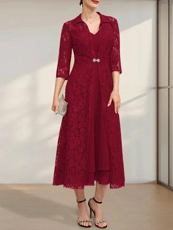 A-line V-Neck Tea-Length Chiffon Mother of the Bride Dress by Dreamylily