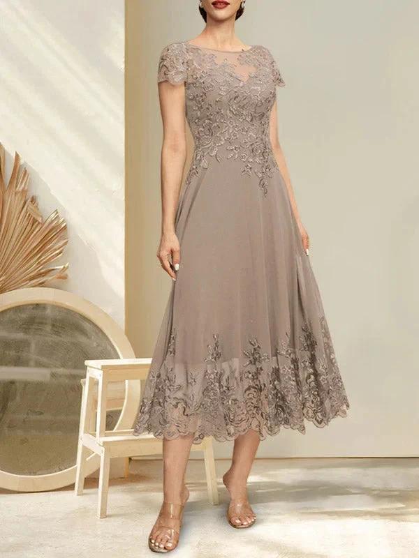 A-line Illusion Scoop Tea-Length Lace Chiffon Mother of the Bride Dress With Sequins by Dreamylily