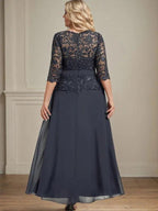 A-line Scoop Illusion Ankle-Length Chiffon Lace Mother of the Bride Dress With Rhinestone Beading by Dreamylily