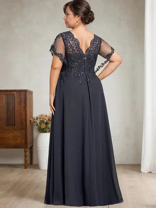A-line V-Neck Floor-Length Lace Chiffon Mother of the Bride Dress With Sequins by Dreamylily