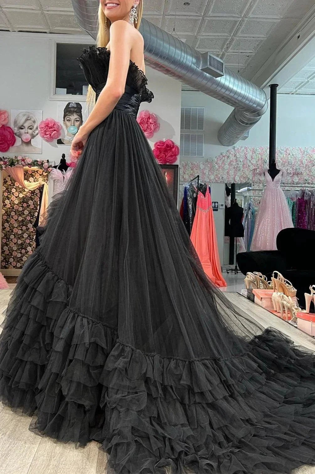 Alani |A-Line Strapless Pink Tiered Long Tulle Prom Dress by KissProm
