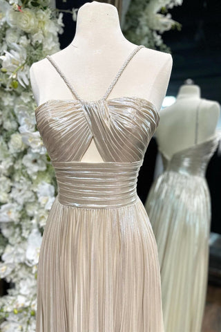 Madalyn| Vestido de fiesta largo con escote en forma de cerradura y tirantes finos metálicos con abertura