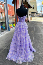 Eleanor | Glitter Tulle Corset Ruffle Tiered Long Prom Dress with Slit by KissProm
