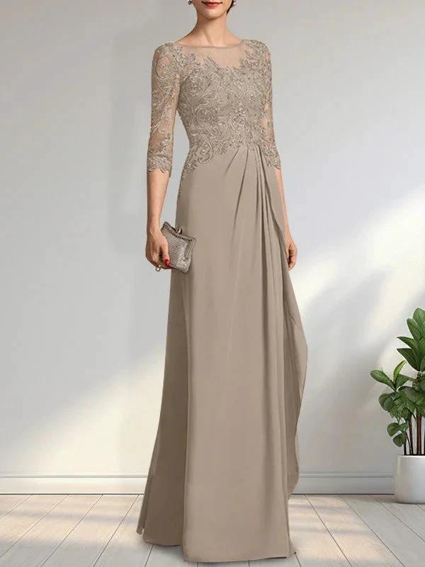 A-line Scoop Illusion Floor-Length Chiffon Lace Mother of the Bride Dress With Beading Sequins Cascading Ruffles by Dreamylily