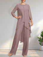 Separates Jumpsuit/Pantsuit Scoop Floor-Length Chiffon Mother of the Bride Dress With Sequins Beading
