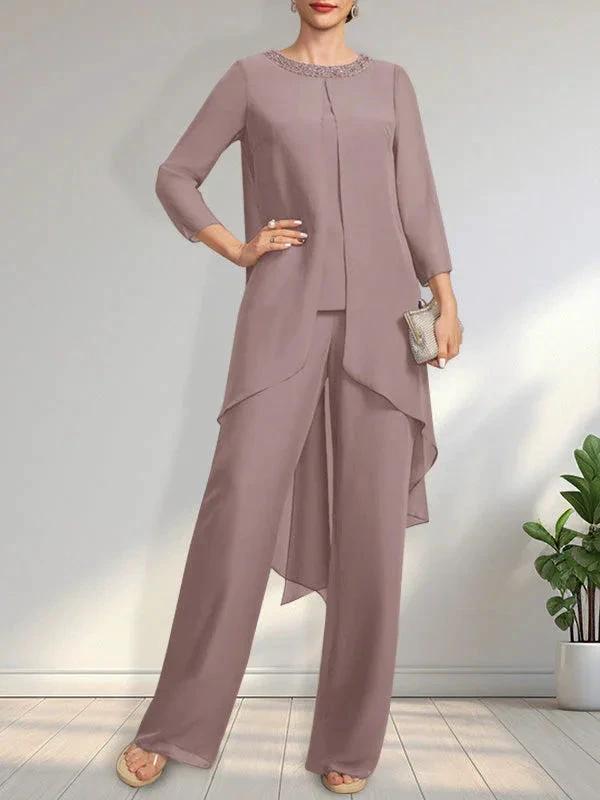 Separates Jumpsuit/Pantsuit Scoop Floor-Length Chiffon Mother of the Bride Dress With Sequins Beading by Dreamylily
