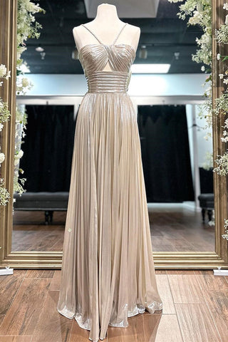 Madalyn| Vestido de fiesta largo con escote en forma de cerradura y tirantes finos metálicos con abertura