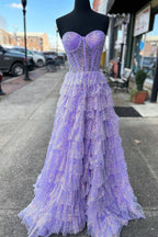 Eleanor | Glitter Tulle Corset Ruffle Tiered Long Prom Dress with Slit by KissProm