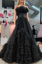 Alani |A-Line Strapless Pink Tiered Long Tulle Prom Dress by KissProm