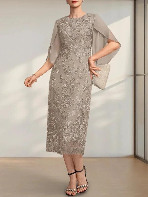 Sheath/Column Scoop Tea-Length Lace Chiffon Mother of the Bride Dress by Dreamylily