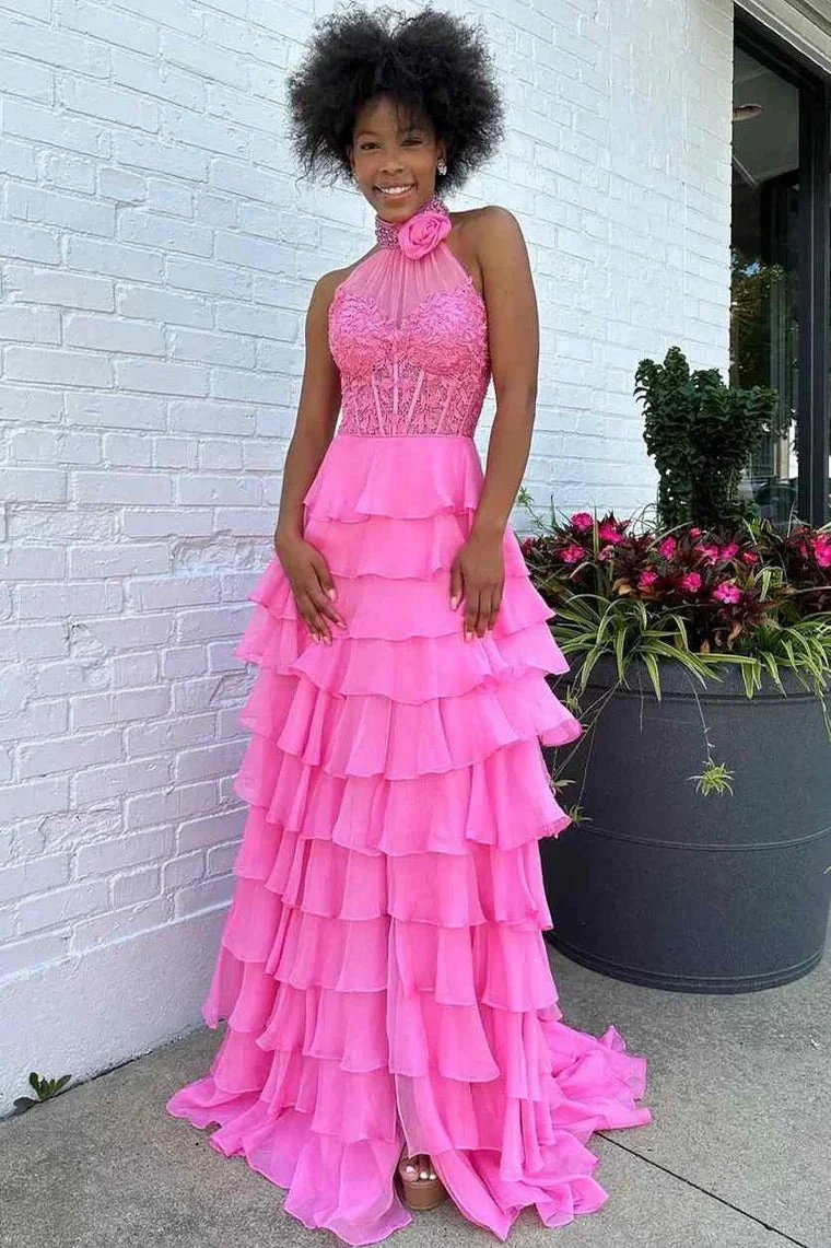 Emerie |A line High Neck Tiered Chiffon Prom Dress with 3D Flower by KissProm