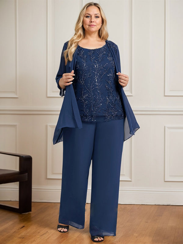 Separates Jumpsuit/Pantsuit Scoop Floor-Length Lace Chiffon Mother of the Bride Dress With Sequins