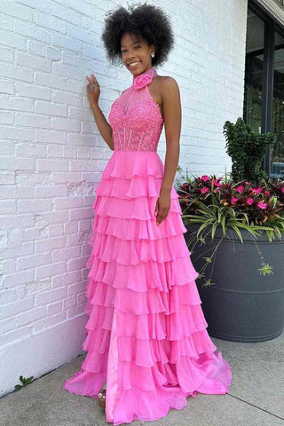 Emerie | A-Linien-Ballkleid aus Chiffon mit hohem Ausschnitt und Stufen und 3D-Blume