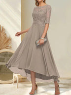 A-line Boat Neck Illusion Asymmetrical Chiffon Lace Mother of the Bride Dress With Sequins Beading by Dreamylily