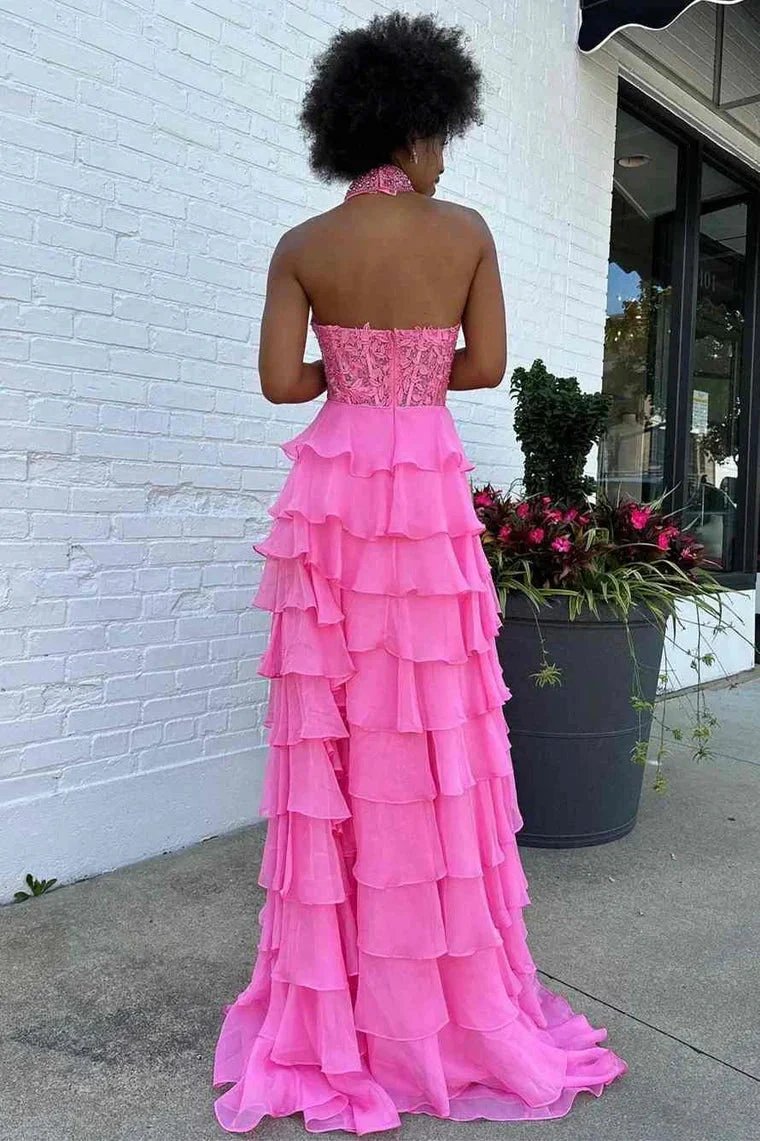 Emerie |A line High Neck Tiered Chiffon Prom Dress with 3D Flower by KissProm