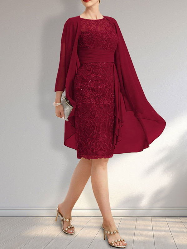 Sheath Scoop Illusion Knee-Length Lace Chiffon Mother of the Bride Dress With Cascading Ruffles Sequins