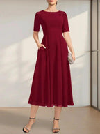 A-line Scoop Tea-Length Chiffon Mother of the Bride Dress With Appliques Lace Sequins by Dreamylily