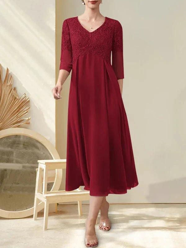 A-line V-Neck Tea-Length Chiffon Lace Mother of the Bride Dress With Beading by Dreamylily