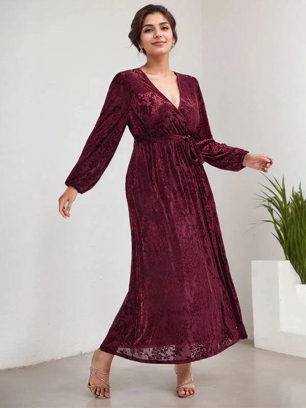 A-Line V-Neck Long Sleeves Velvet Tea-Length Mother of the Bride Dress With Split by Dreamylily