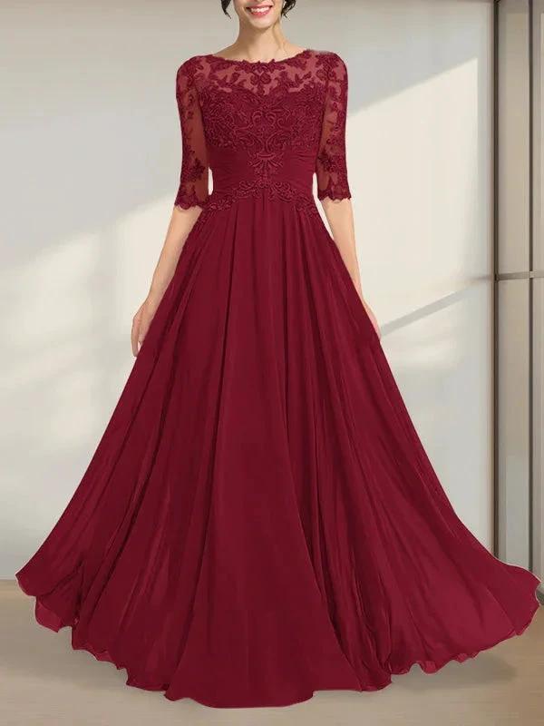 A-line Scoop Illusion Floor-Length Chiffon Lace Mother of the Bride Dress With Pleated Sequins by Dreamylily