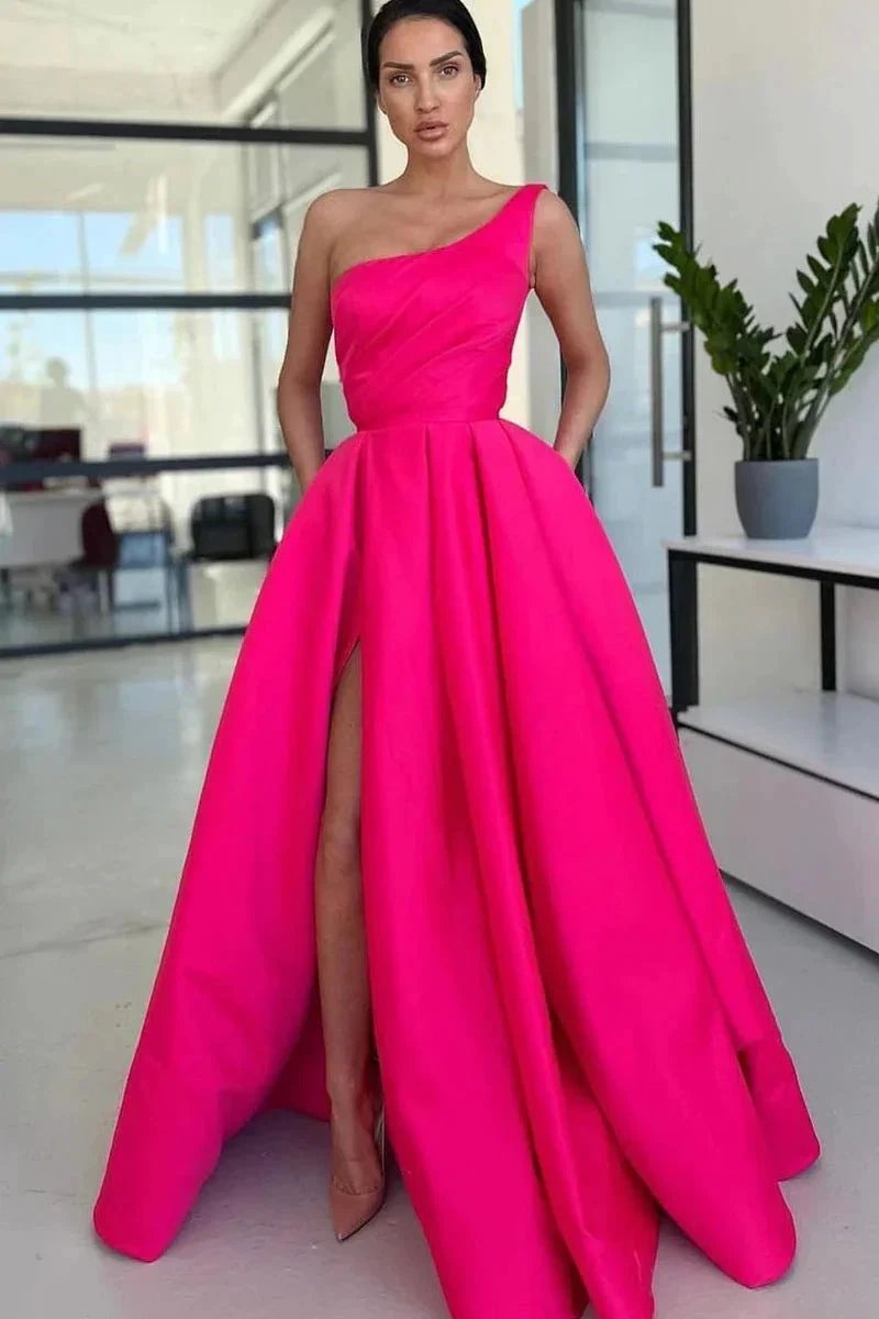 Ariella | Charming A Line One Shoulder Fuchsia Sequins Long Prom Dresses with Slit by KissProm