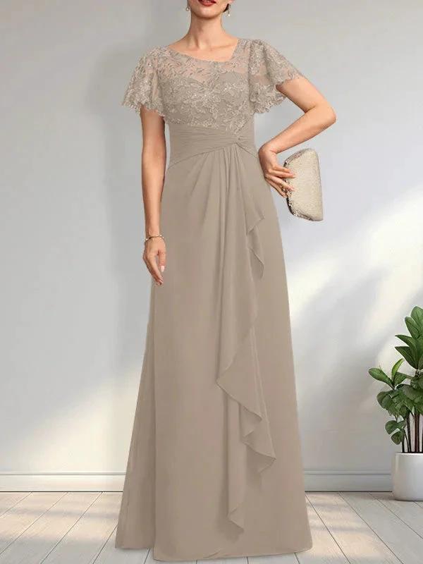 A-line Asymmetrical Illusion Floor-Length Lace Chiffon Mother of the Bride Dress With Cascading Ruffles Sequins by Dreamylily