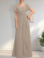A-line Asymmetrical Illusion Floor-Length Lace Chiffon Mother of the Bride Dress With Cascading Ruffles Sequins by Dreamylily