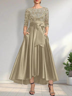A-line Scoop Illusion Asymmetrical Satin Lace Mother of the Bride Dress With Bow by Dreamylily