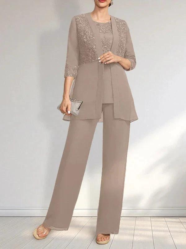 Jumpsuit/Pantsuit Separates Scoop Floor-Length Chiffon Lace Mother of the Bride Dress With Sequins by Dreamylily