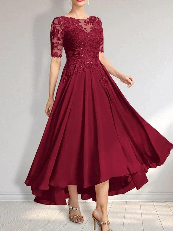 A-line Scoop Illusion Asymmetrical Chiffon Lace Mother of the Bride Dress With Sequins by Dreamylily
