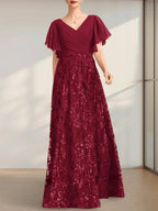 A-line V-Neck Floor-Length Lace Sequin Chiffon Mother of the Bride Dress With Pleated by Dreamylily