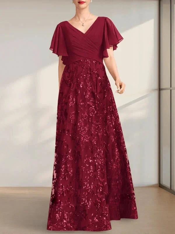 A-line V-Neck Floor-Length Lace Sequin Chiffon Mother of the Bride Dress With Pleated by Dreamylily