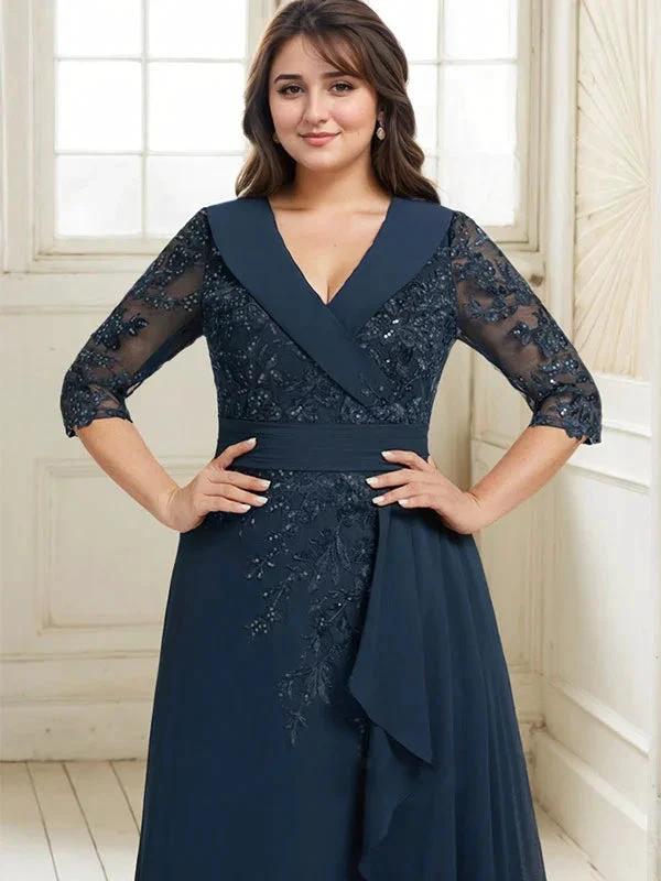 A-line Collared V-Neck Floor-Length Lace Chiffon Mother of the Bride Dress With Sequins Cascading Ruffles by Dreamylily