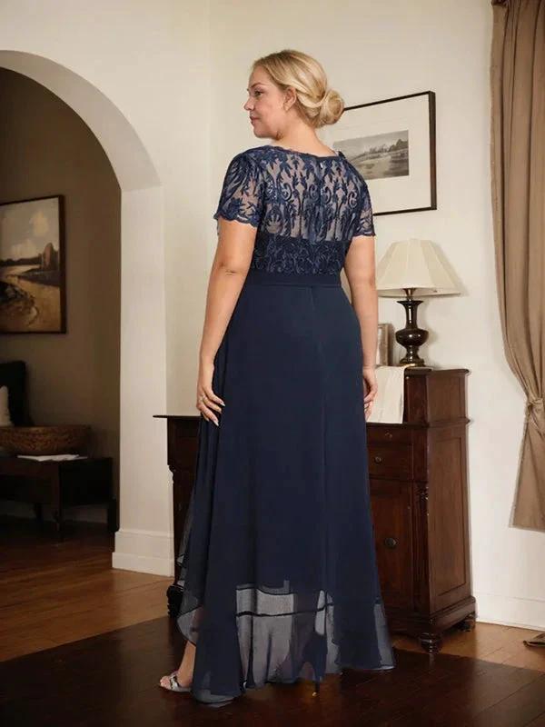 A-line Scoop Illusion Asymmetrical Chiffon Lace Mother of the Bride Dress With Bow Ruffle Sequins by Dreamylily