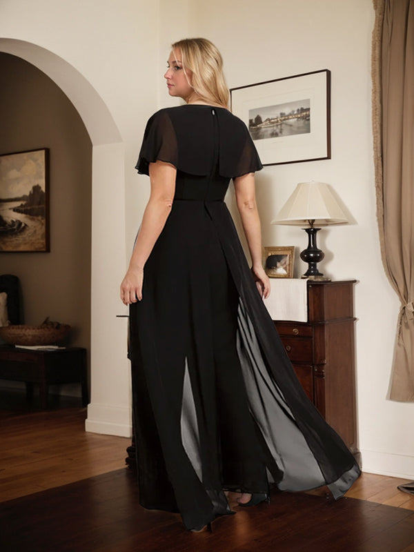 Jumpsuit/Pantsuit V-Neck Floor-Length Chiffon Evening Dress