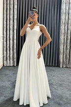 Long A-line Spaghetti Straps V-Neck Sleeveless Prom Dresses with Pockets by BIZTUNNEL