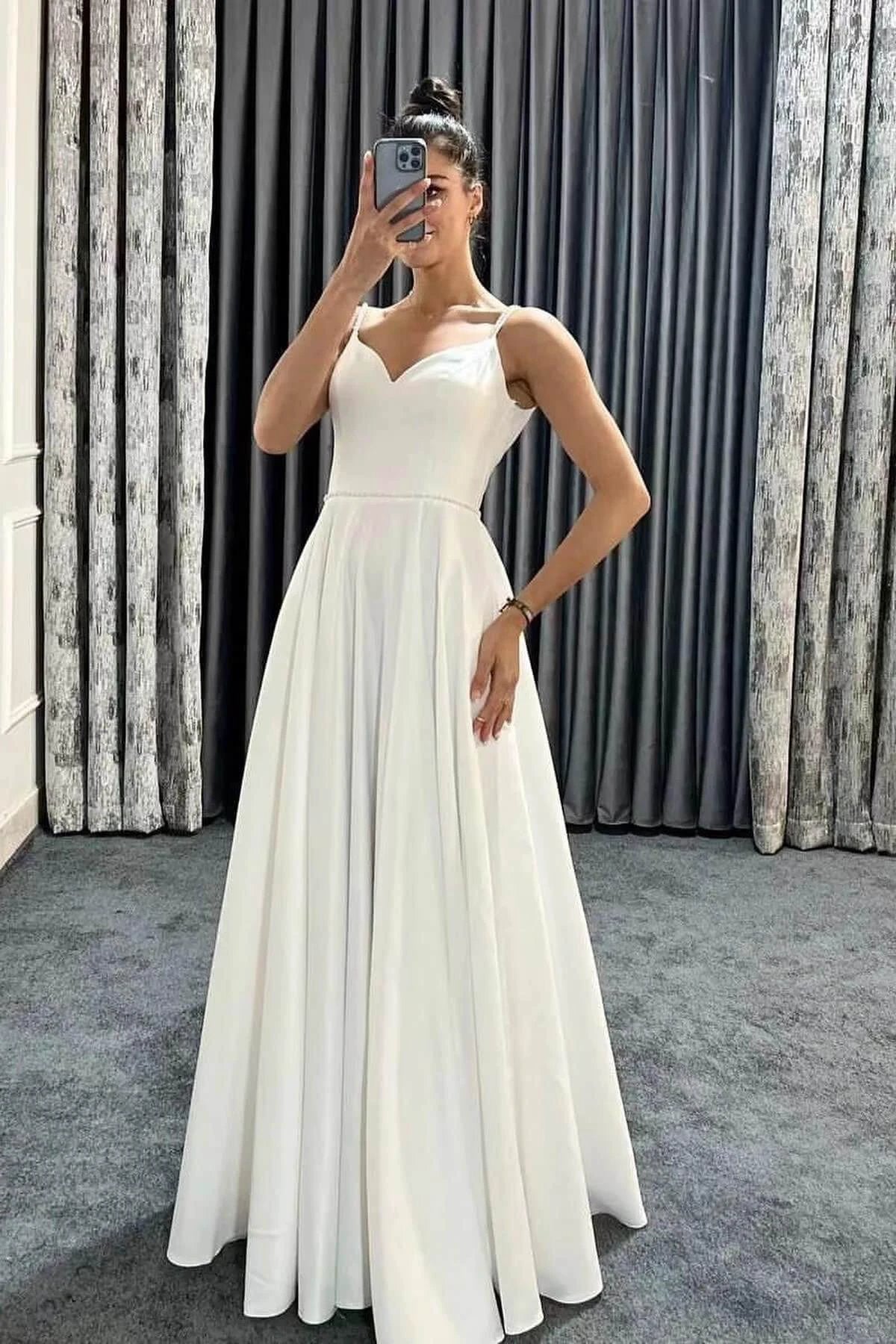 Long A-line Spaghetti Straps V-Neck Sleeveless Prom Dresses with Pockets by BIZTUNNEL